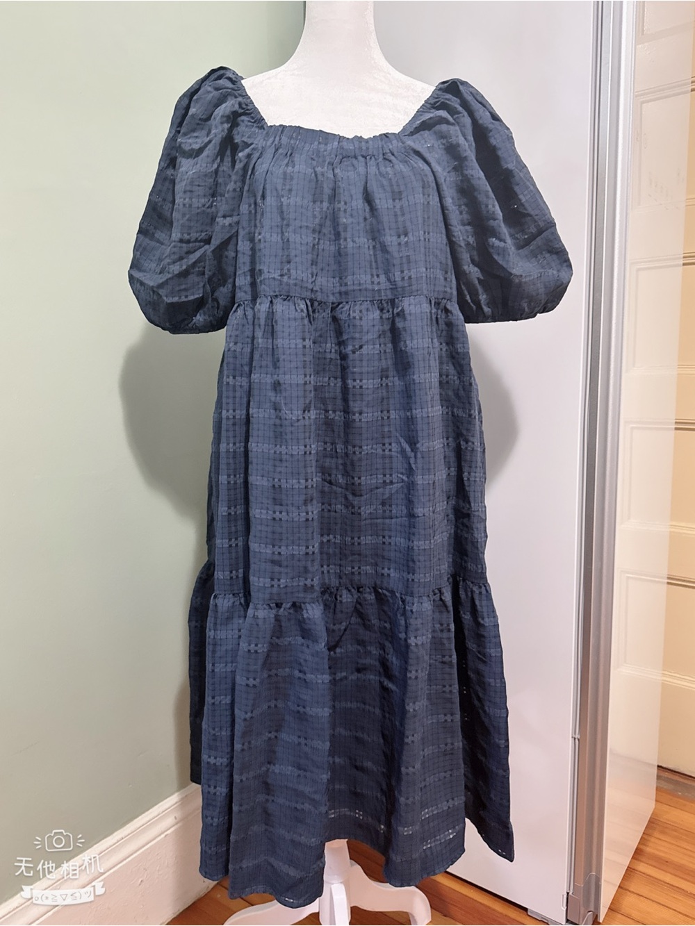 Eileen Fisher Navy Puff Sleeve Tiered Midi Dress